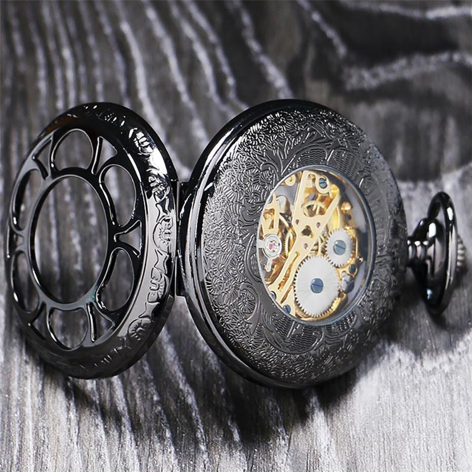 Silver Toned Mechanical Half Hunter Pocket Watch - Black Flower - Pocket Watch Net