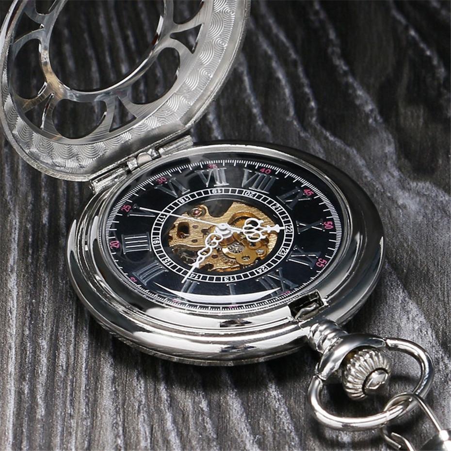 Silver Toned Mechanical Half Hunter Pocket Watch - Black Flower - Pocket Watch Net