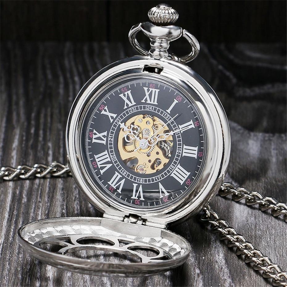 Silver Toned Mechanical Half Hunter Pocket Watch - Black Flower - Pocket Watch Net