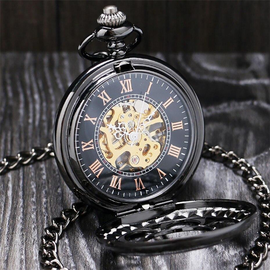 Black skeleton pocket outlet watch