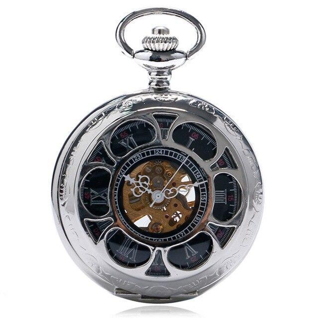 Silver Toned Mechanical Half Hunter Pocket Watch - Black Flower - Pocket Watch Net