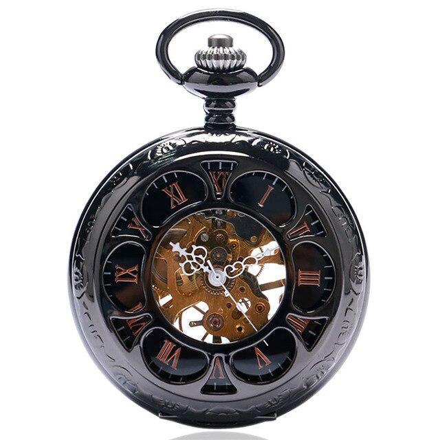 Silver Toned Mechanical Half Hunter Pocket Watch - Black Flower - Pocket Watch Net