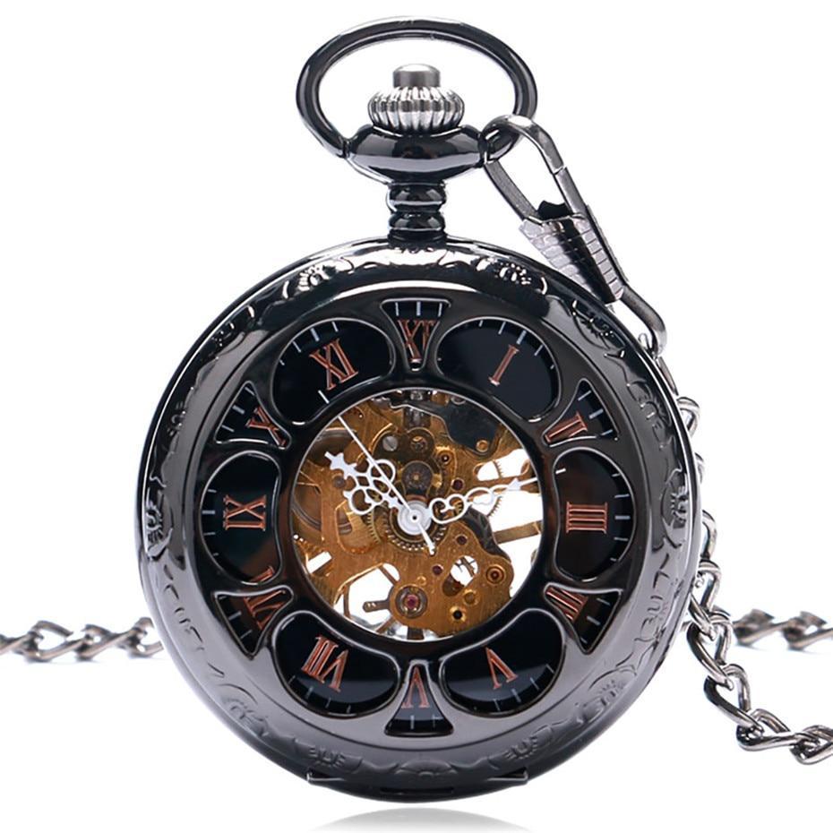 Silver Toned Mechanical Half Hunter Pocket Watch - Black Flower - Pocket Watch Net