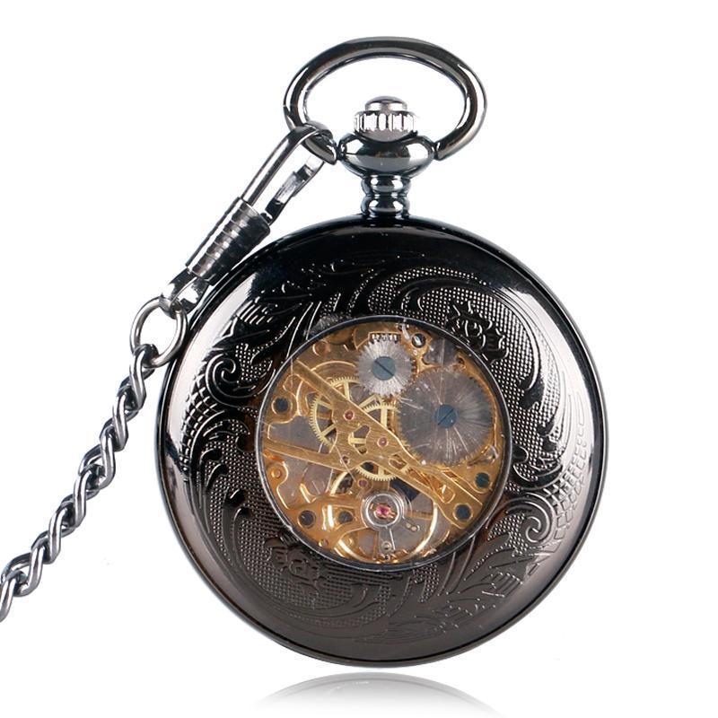 Steampunk Mechanical Full Hunter Pocket Watch - Black Star - Pocket Watch Net