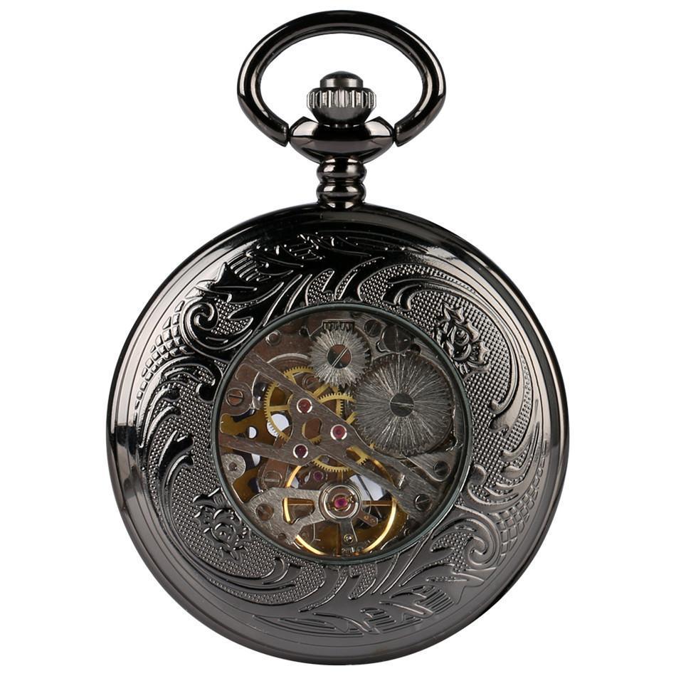 Steampunk Mechanical Half Hunter Pocket Watch - Black Wheel - Pocket Watch Net