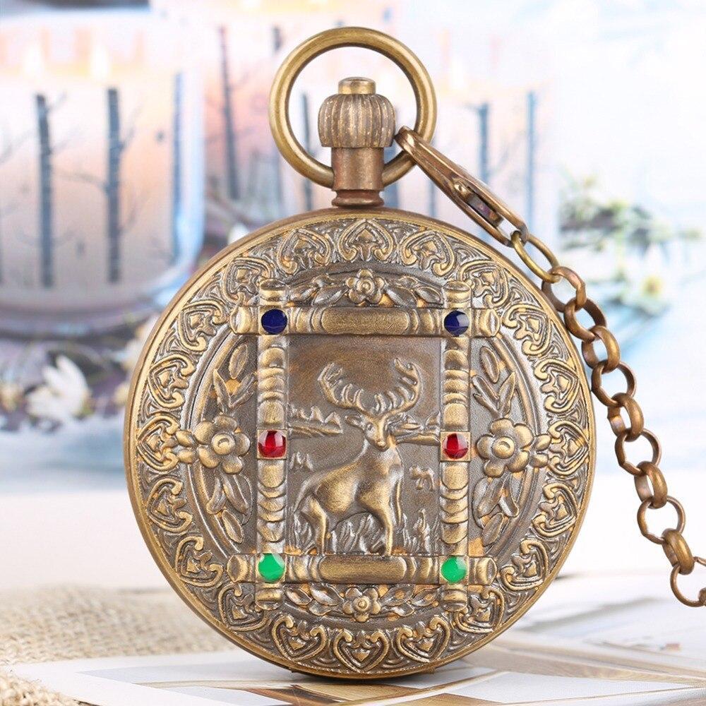 Women's Mechanical Bronze Full Hunter Pocket Watch - Beabed Deer - Pocket Watch Net