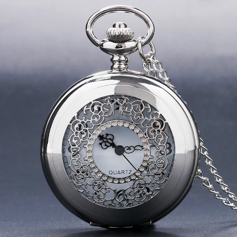 Women's Vintage Quartz Half Hunter Pocket Watch - Aura Silver - Pocket Watch Net