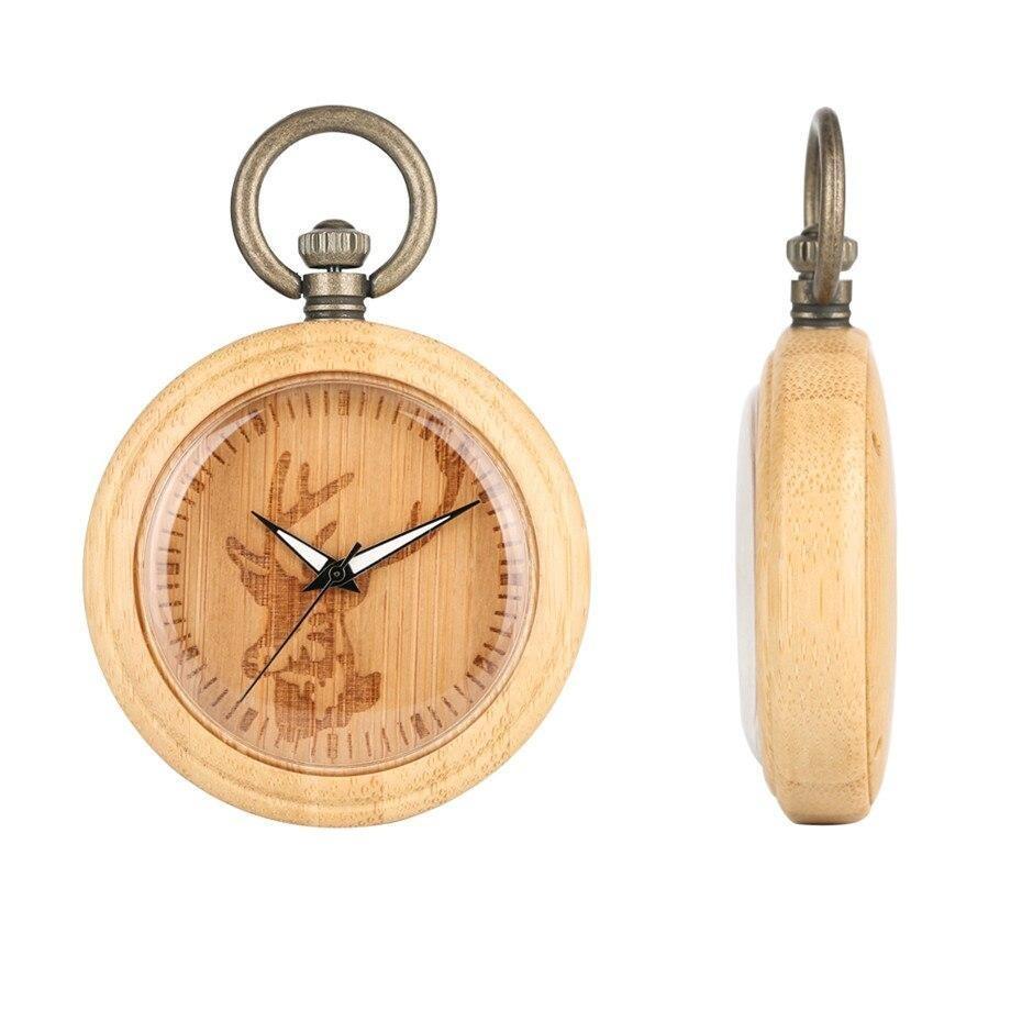 Wood Open Face Quartz Pocket Watch - Deer Wood - Pocket Watch Net