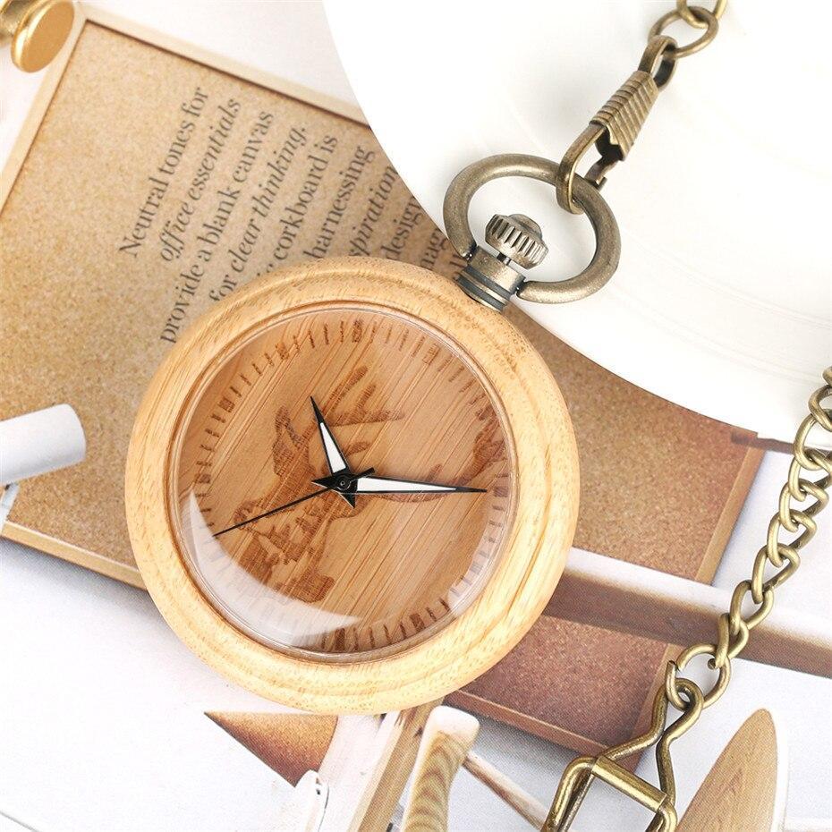 Wood Open Face Quartz Pocket Watch - Deer Wood - Pocket Watch Net