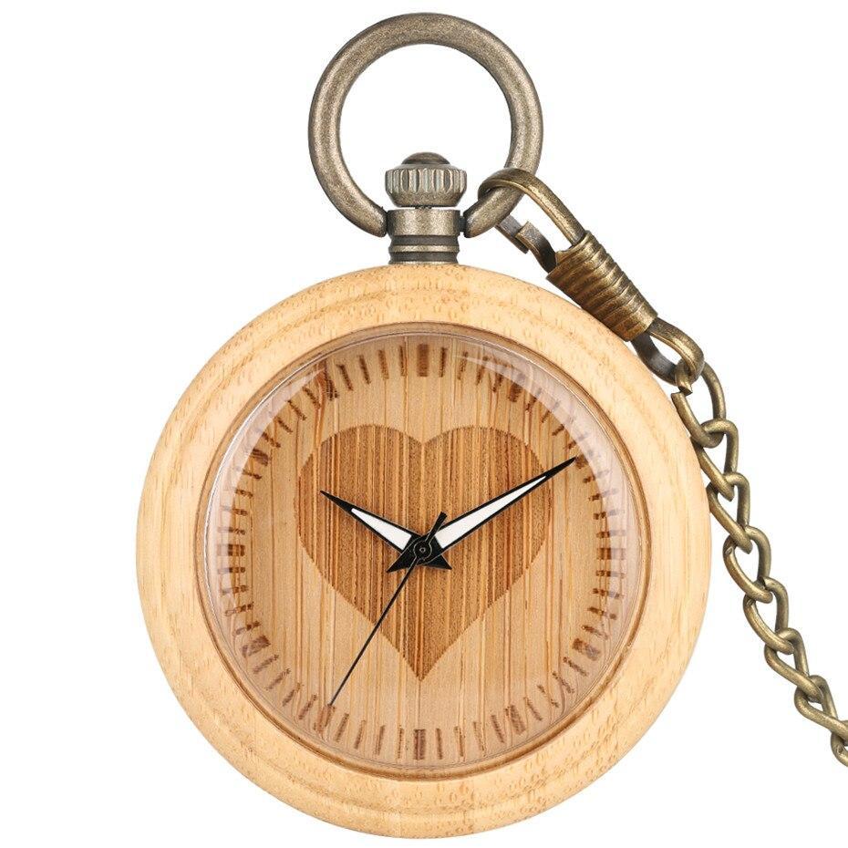 Wood Open Face Quartz Pocket Watch - Wooden Heart - Pocket Watch Net