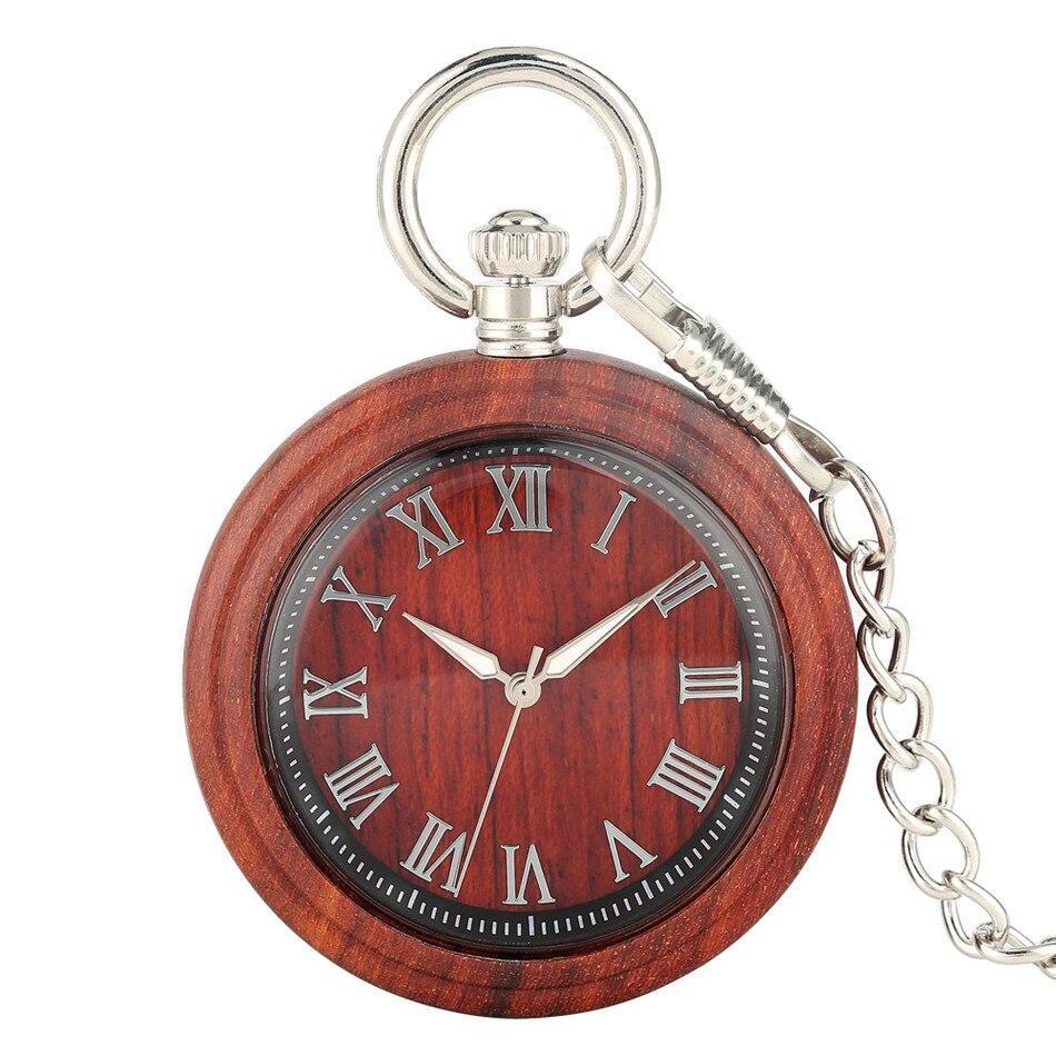 Wood Quartz Open Face Pocket Watch - Red Wood - Pocket Watch Net