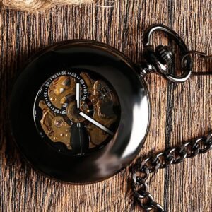 Black Automatic Vintage Half Hunter Pocket Watch - Black belt - Pocket Watch Net