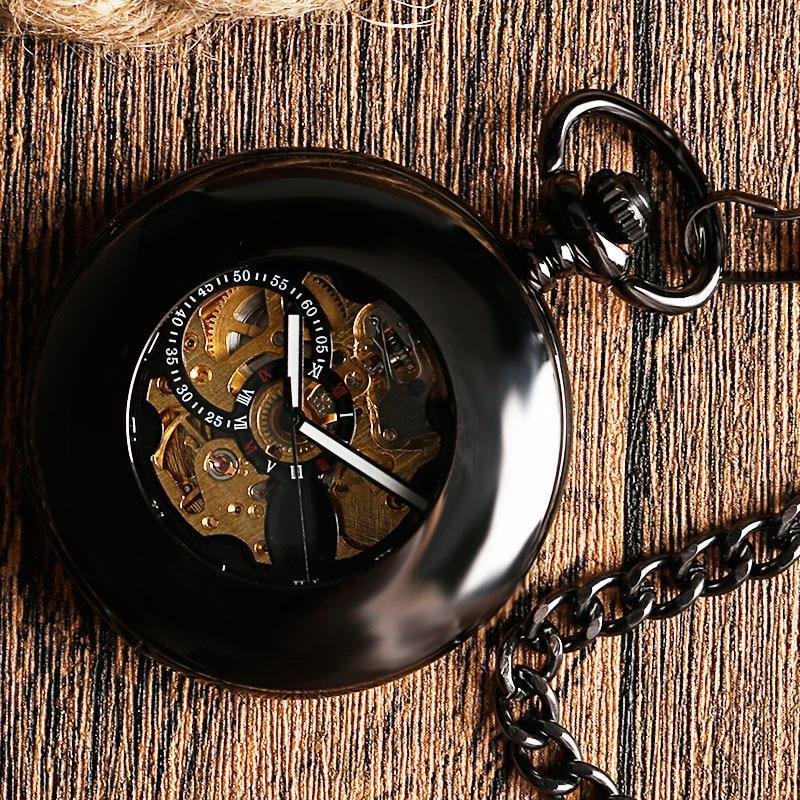 Black Automatic Vintage Half Hunter Pocket Watch - Black belt - Pocket Watch Net