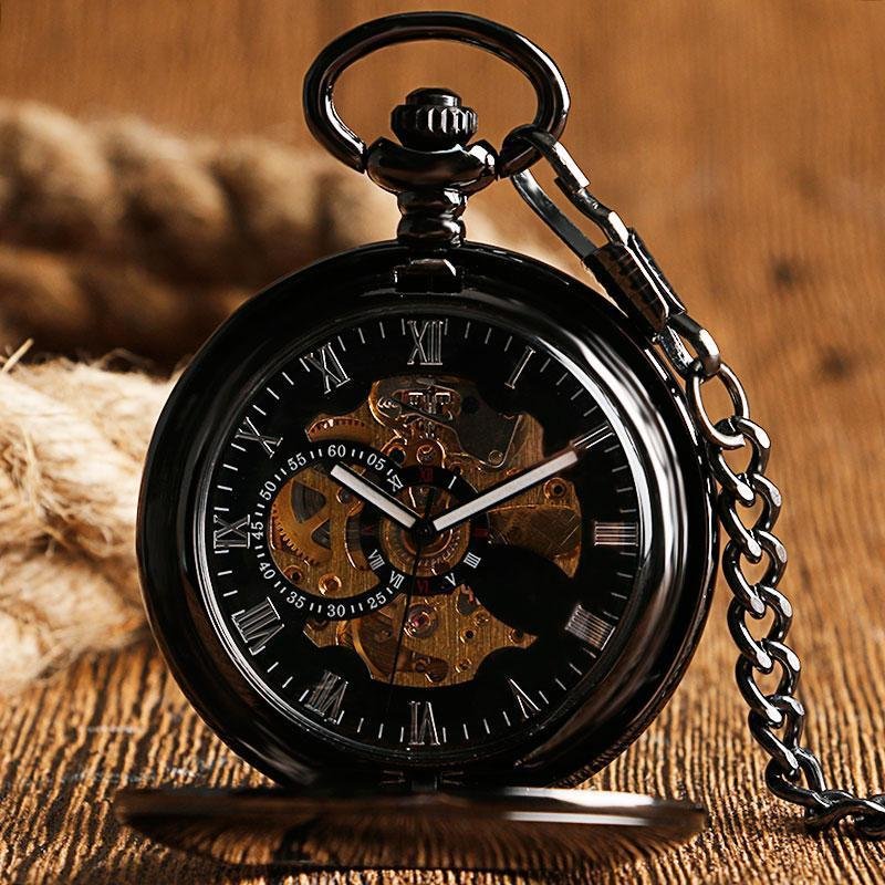 Black Automatic Vintage Half Hunter Pocket Watch - Black belt - Pocket Watch Net