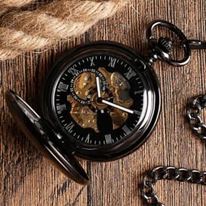 Black Automatic Vintage Half Hunter Pocket Watch - Black belt - Pocket Watch Net