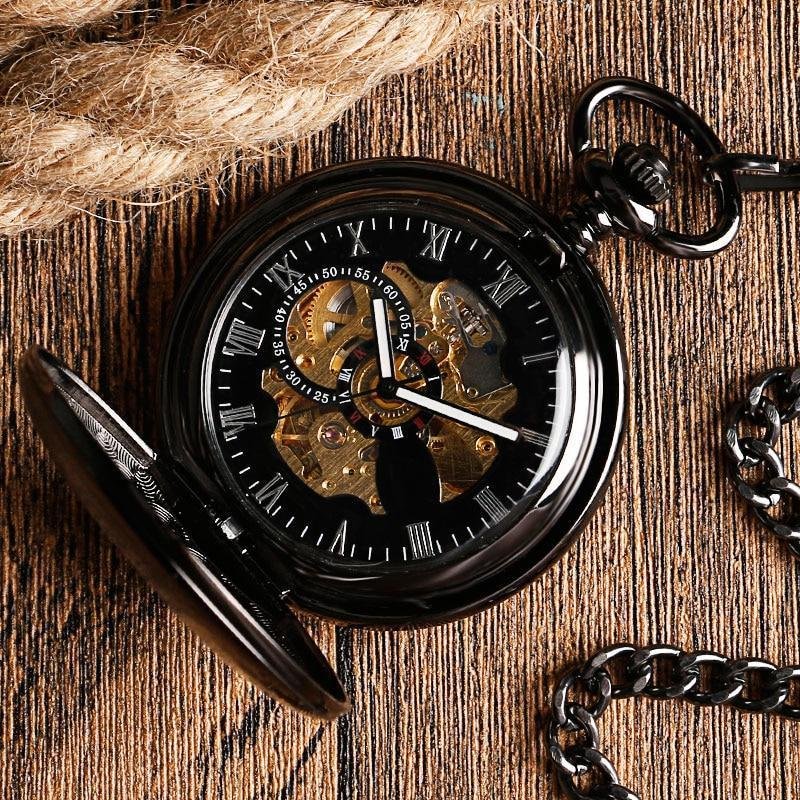 Black Automatic Vintage Half Hunter Pocket Watch - Black belt - Pocket Watch Net
