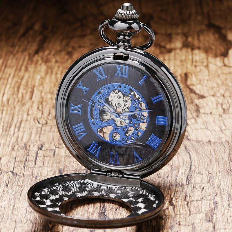 Black Mechanical  Half Hunter  -  Blue Peephole - Pocket Watch Net