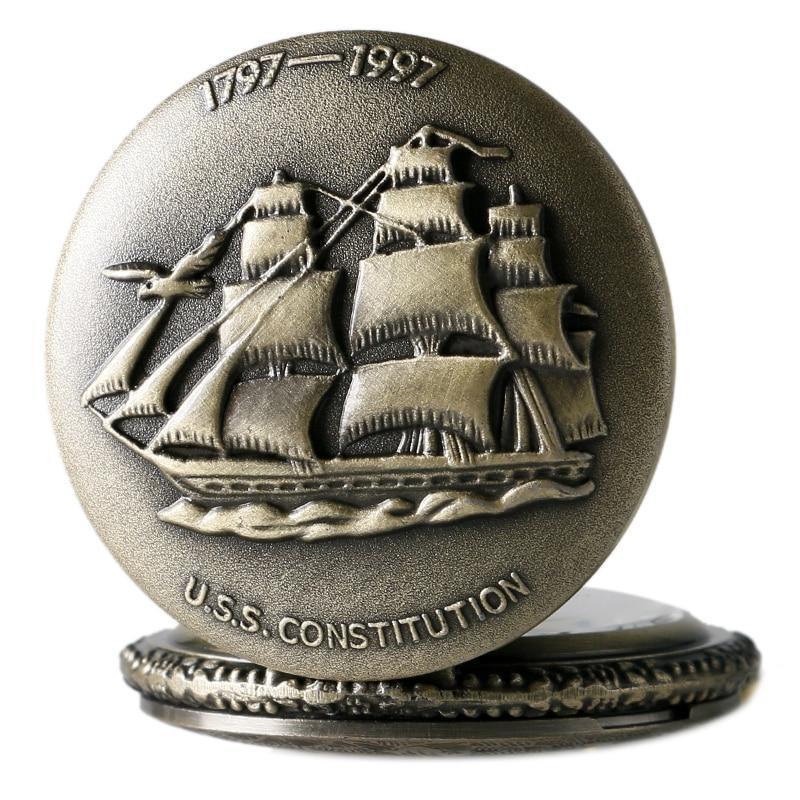 Bronze Full Hunter Quartz Pocket Watch - U.s.s Constitution - Pocket Watch Net