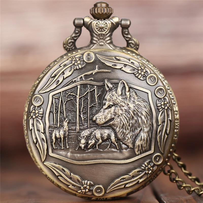 Bronze Full Hunter Quartz Pocket Watch - Wolf Pack - Pocket Watch Net