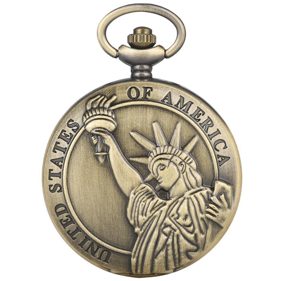 Bronze Quartz Full Hunter Pocket Watch - Statue of Liberty - Pocket Watch Net