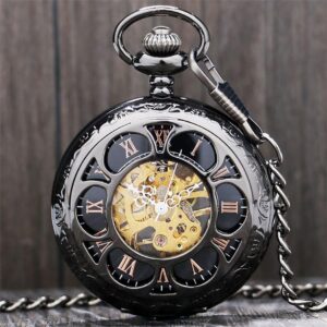 Silver Toned Mechanical Half Hunter Pocket Watch - Black Flower - Pocket Watch Net