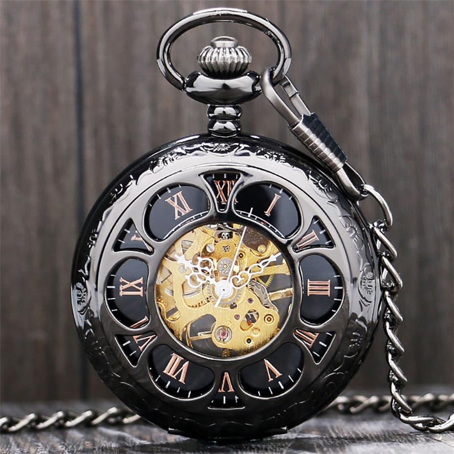 Silver Toned Mechanical Half Hunter Pocket Watch - Black Flower - Pocket Watch Net