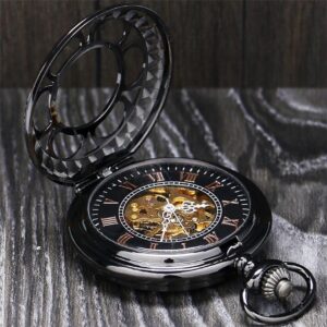 Silver Toned Mechanical Half Hunter Pocket Watch - Black Flower - Pocket Watch Net