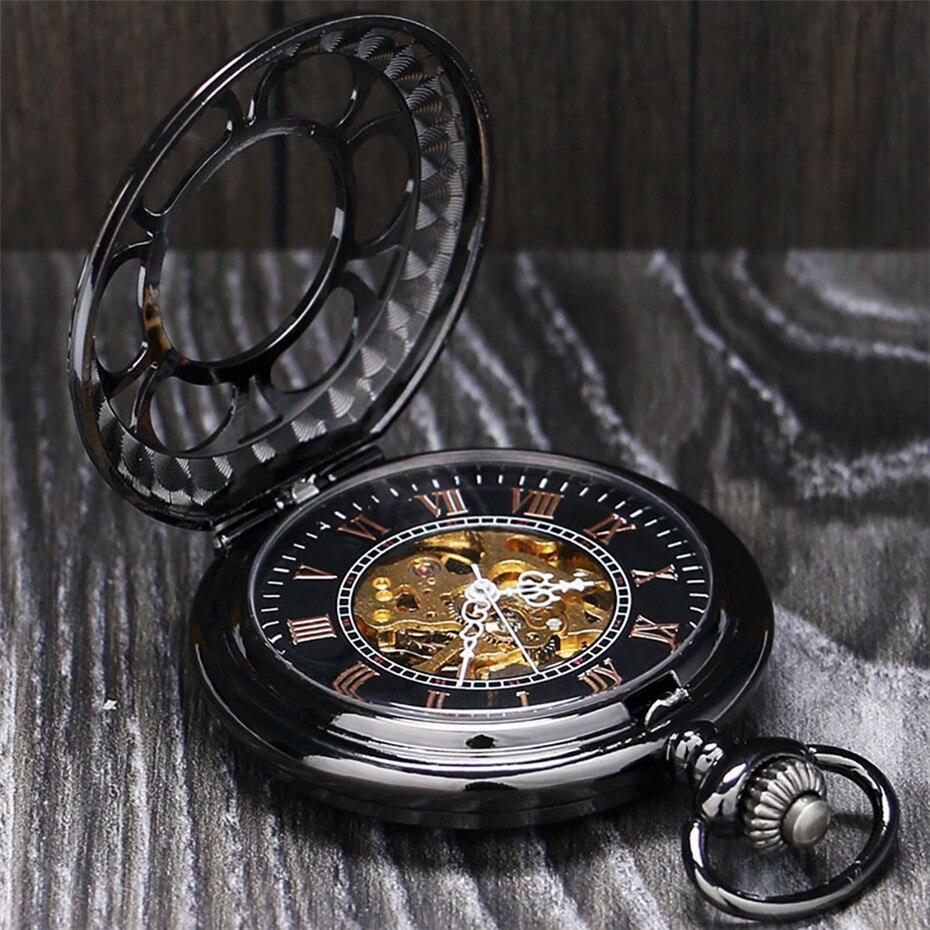 Silver Toned Mechanical Half Hunter Pocket Watch - Black Flower - Pocket Watch Net