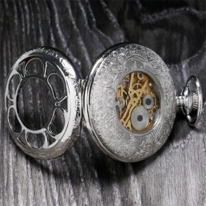 Silver Toned Mechanical Half Hunter Pocket Watch - Black Flower - Pocket Watch Net