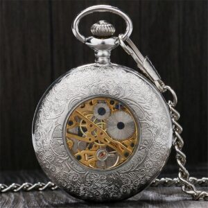 Silver Toned Mechanical Half Hunter Pocket Watch - Black Flower - Pocket Watch Net