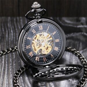 Silver Toned Mechanical Half Hunter Pocket Watch - Black Flower - Pocket Watch Net