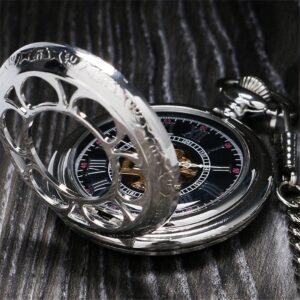 Silver Toned Mechanical Half Hunter Pocket Watch - Black Flower - Pocket Watch Net