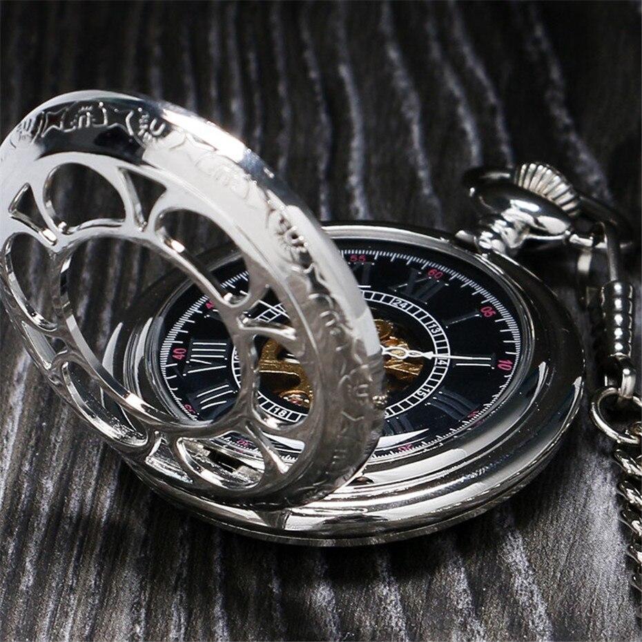 Silver Toned Mechanical Half Hunter Pocket Watch - Black Flower - Pocket Watch Net