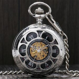 Silver Toned Mechanical Half Hunter Pocket Watch - Black Flower - Pocket Watch Net