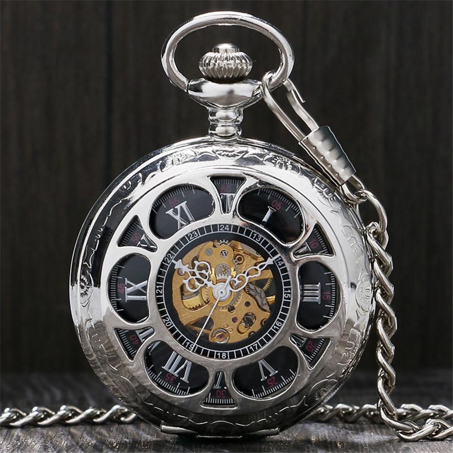 Silver Toned Mechanical Half Hunter Pocket Watch - Black Flower - Pocket Watch Net