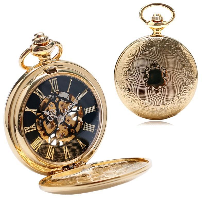 Vintage Steampunk Mechanical Full Hunter Pocket Watch- Golden Spot - Pocket Watch Net