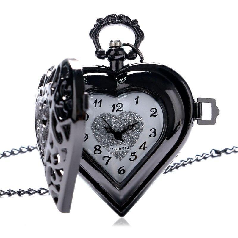 Women's Black Quartz Pendant Watch - Black Heart - Pocket Watch Net