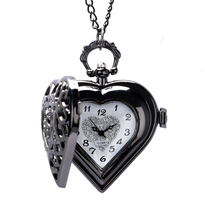 Women's Black Quartz Pendant Watch - Black Heart - Pocket Watch Net