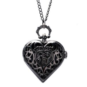 Women's Black Quartz Pendant Watch - Black Heart - Pocket Watch Net