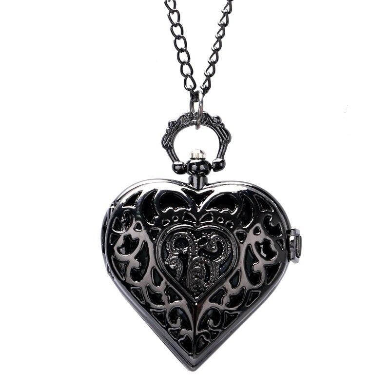Women's Black Quartz Pendant Watch - Black Heart - Pocket Watch Net