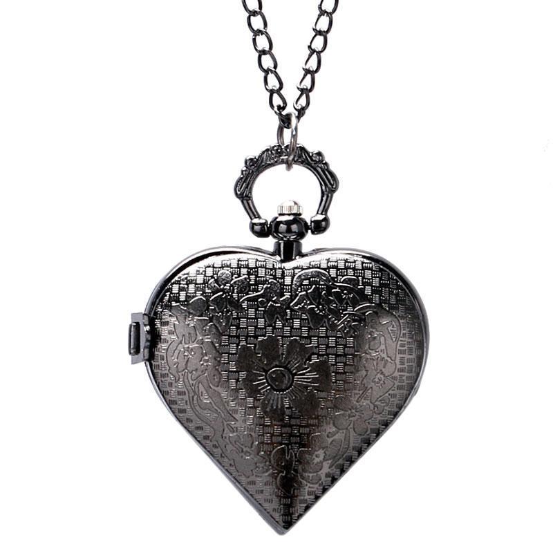 Women's Black Quartz Pendant Watch - Black Heart - Pocket Watch Net