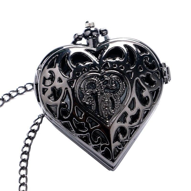 Women's Black Quartz Pendant Watch - Black Heart - Pocket Watch Net
