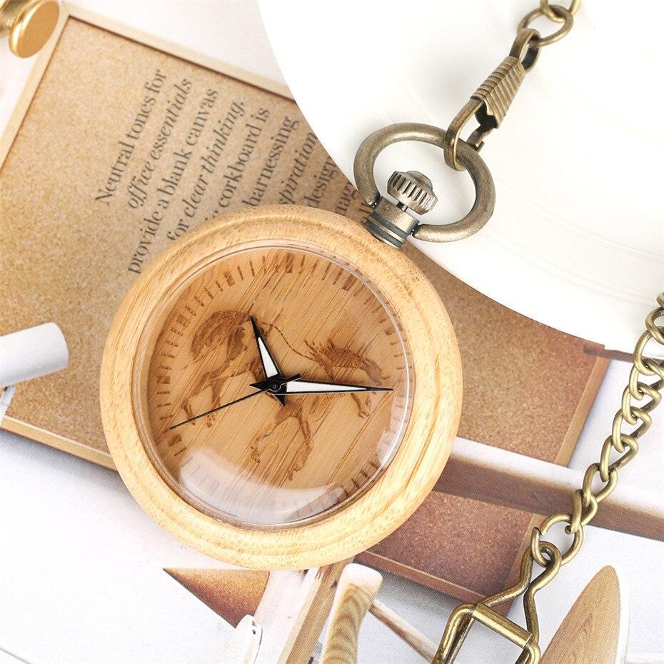 Wood Quartz Open Face Pocket Watch - Horse - Pocket Watch Net