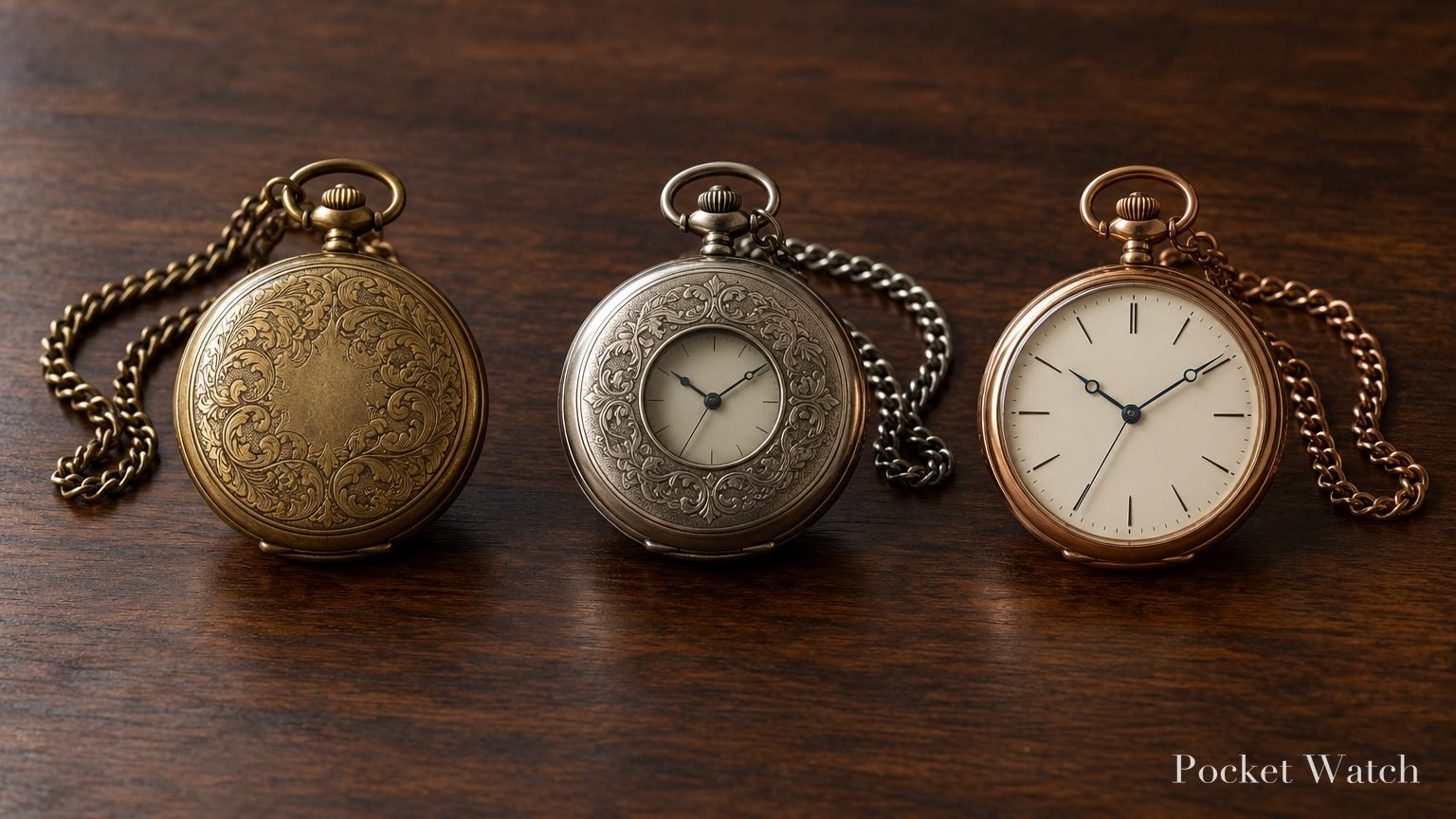 Three pocket watches on a walnut desk: a closed full hunter, a half hunter and an open face watch