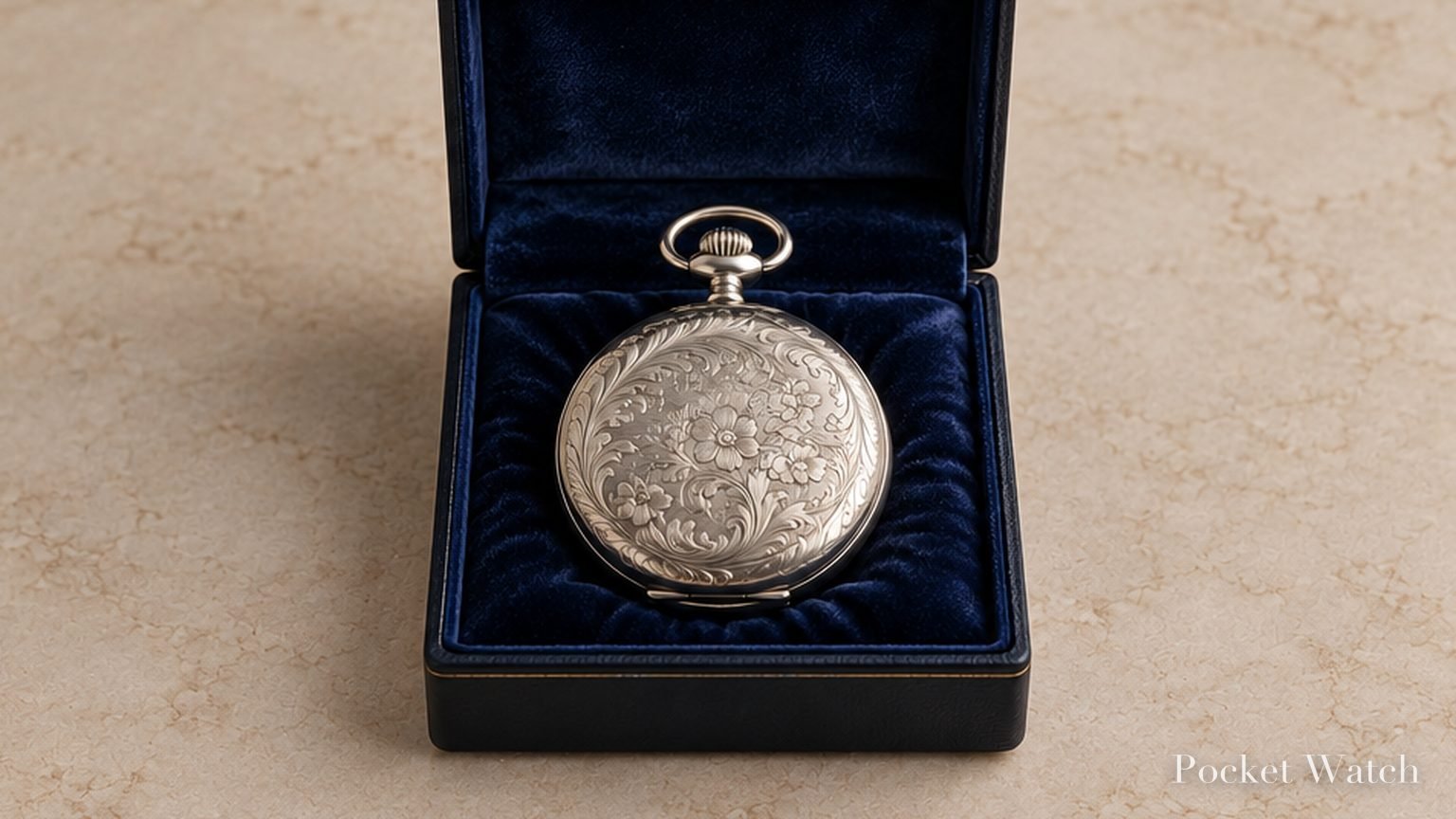 Silver full hunter pocket watch with a floral engraving on its lid, in an open velvet gift box