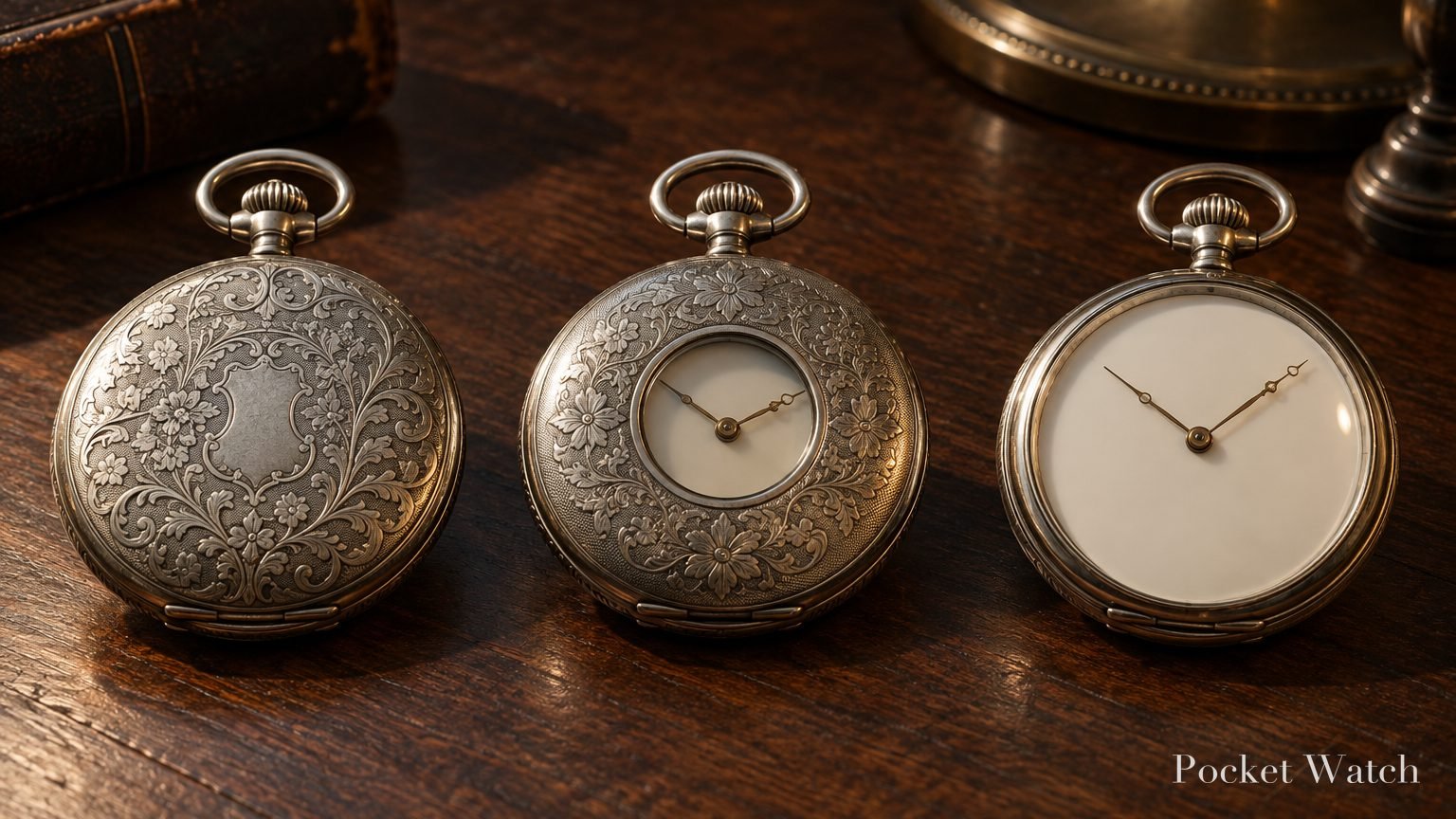 Three pocket watches on a wooden desk: a full hunter, a half hunter with a window cover and an open face watch
