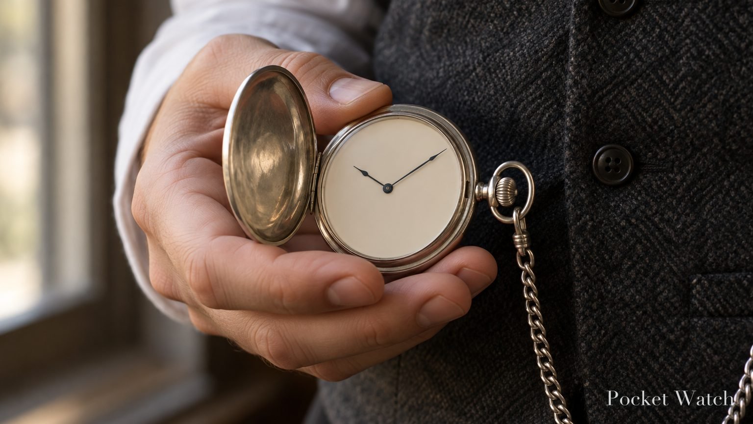 Silver full hunter pocket watch held open in a hand, showing a cream dial and chain