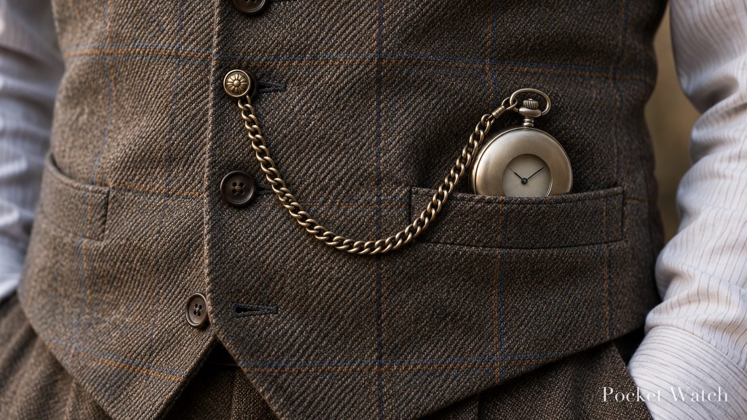 Closed half hunter pocket watch in the pocket of a tweed waistcoat with an Albert chain