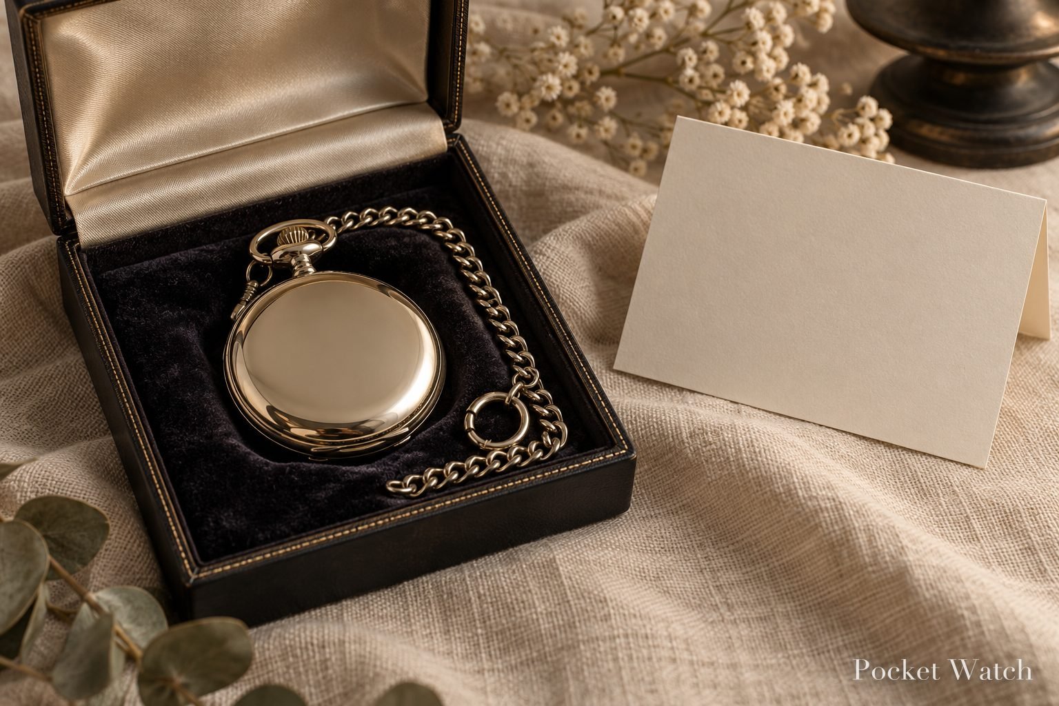 Closed pocket watch with a polished cover and chain inside an open gift box, next to a blank card