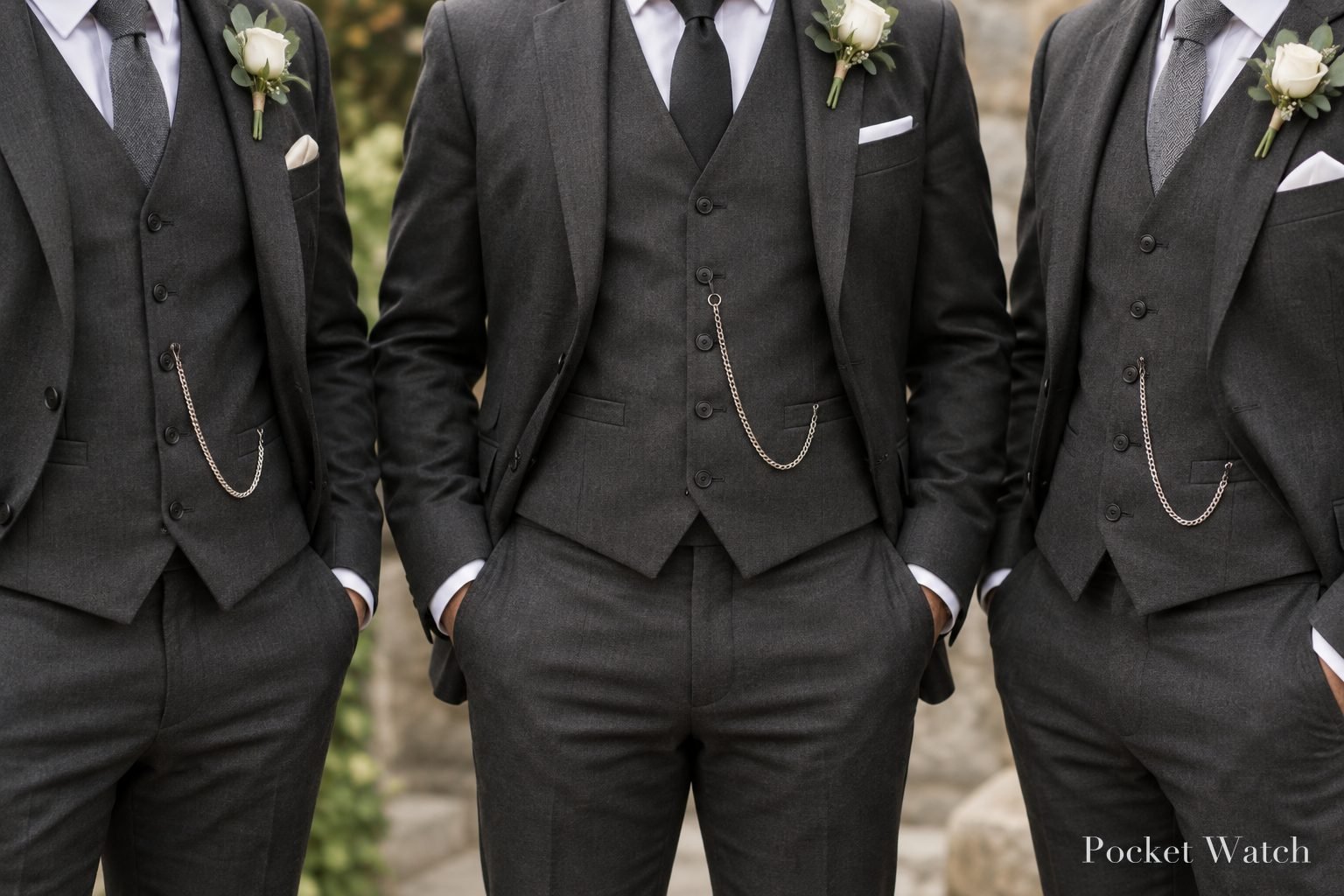 Groomsmen in charcoal three-piece suits with silver pocket watch chains across their vests